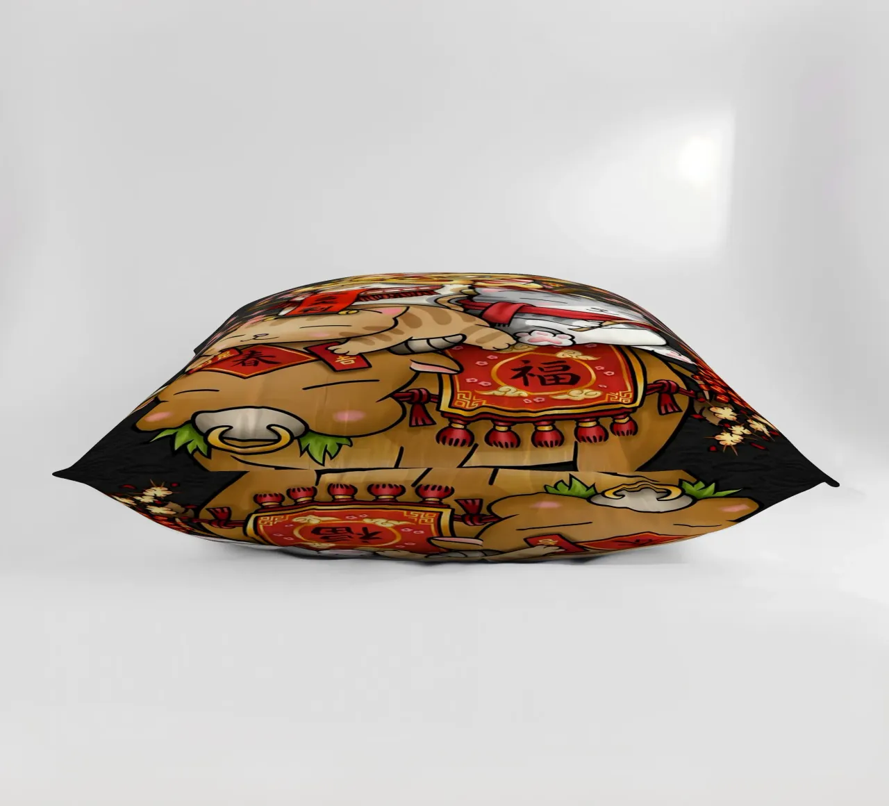 ox cat golden cat lion dance head decorative cushion by Paul Vasquez