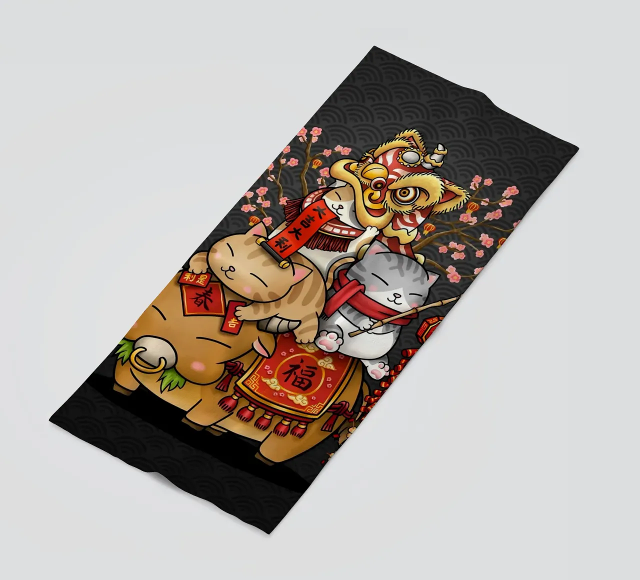 ox cat golden cat lion dance head beach towel by Paul Vasquez