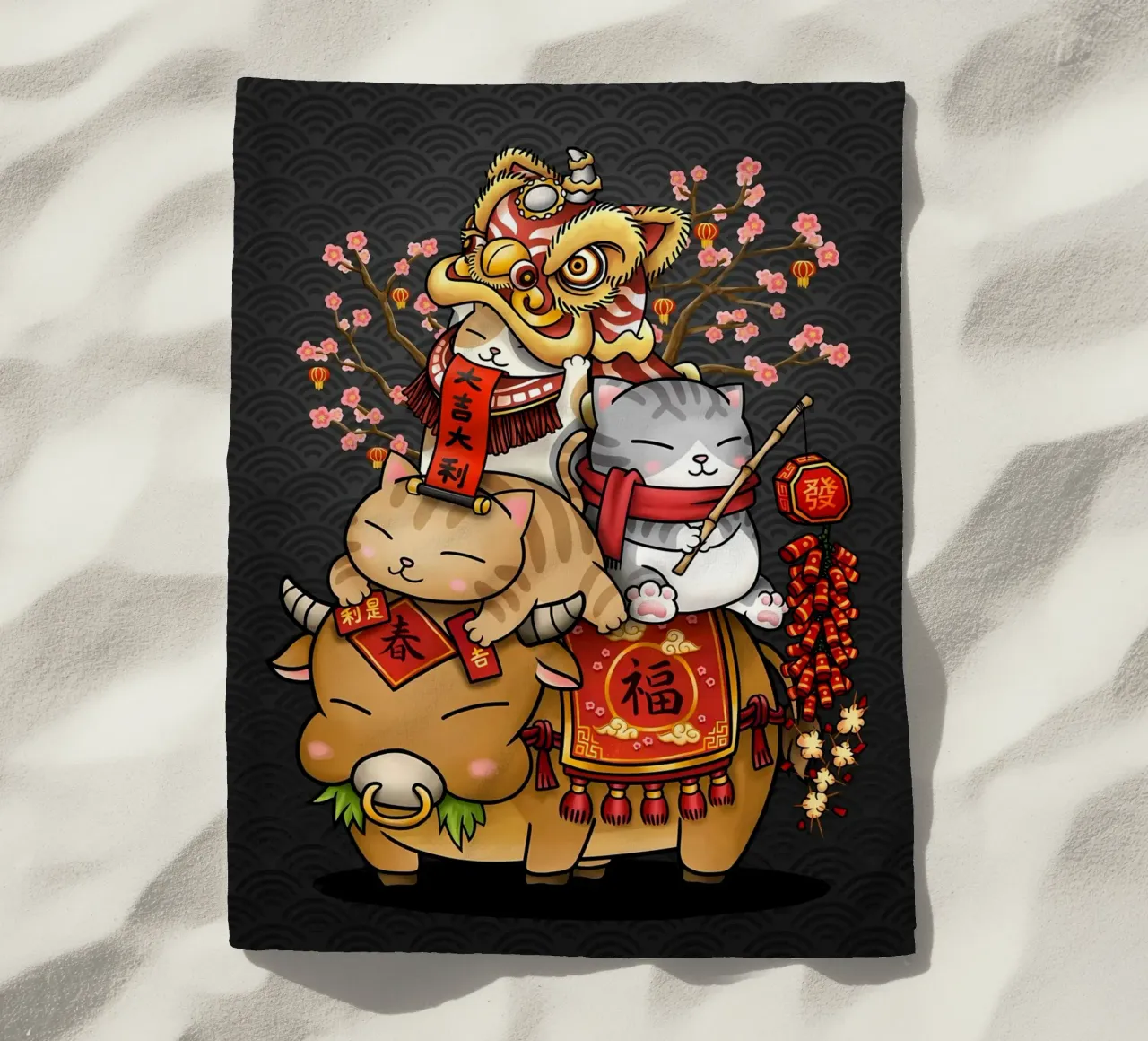 ox cat golden cat lion dance head beach towel by Paul Vasquez