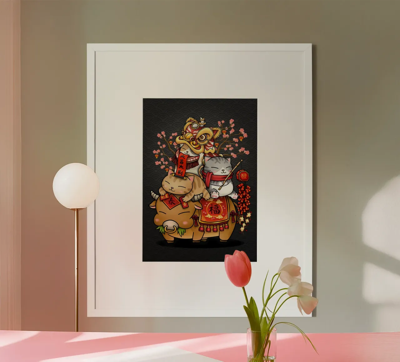 gatto bue gatto dorato testa di leone danza poster con telaio in alluminio da Paul Vasquez