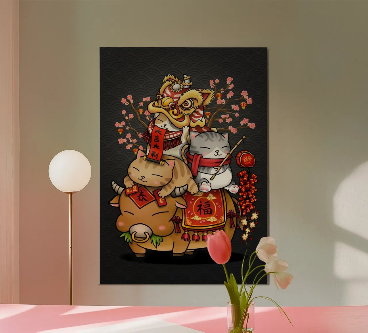 gatto bue gatto dorato testa di leone danza poster con telaio in alluminio da Paul Vasquez