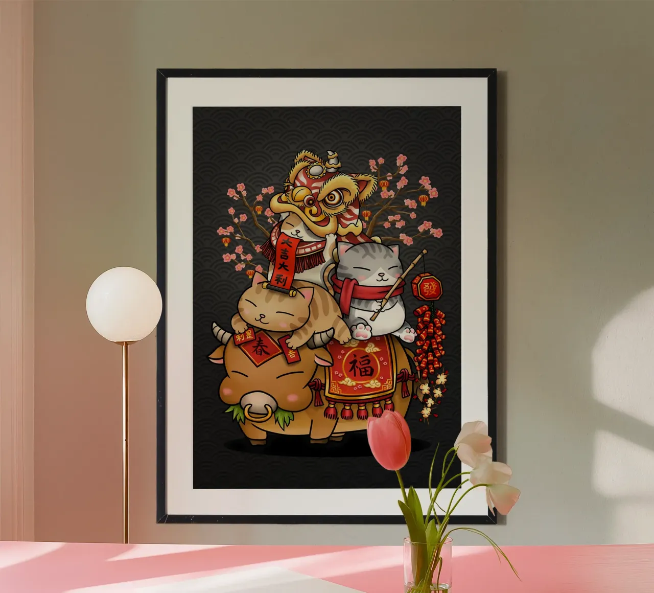 gatto bue gatto dorato testa di leone danza poster con telaio in alluminio da Paul Vasquez