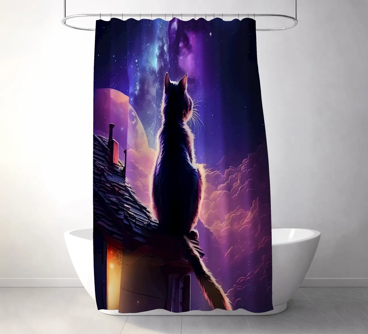 cat rooftop night sky moon stars shower curtain by Paul Vasquez