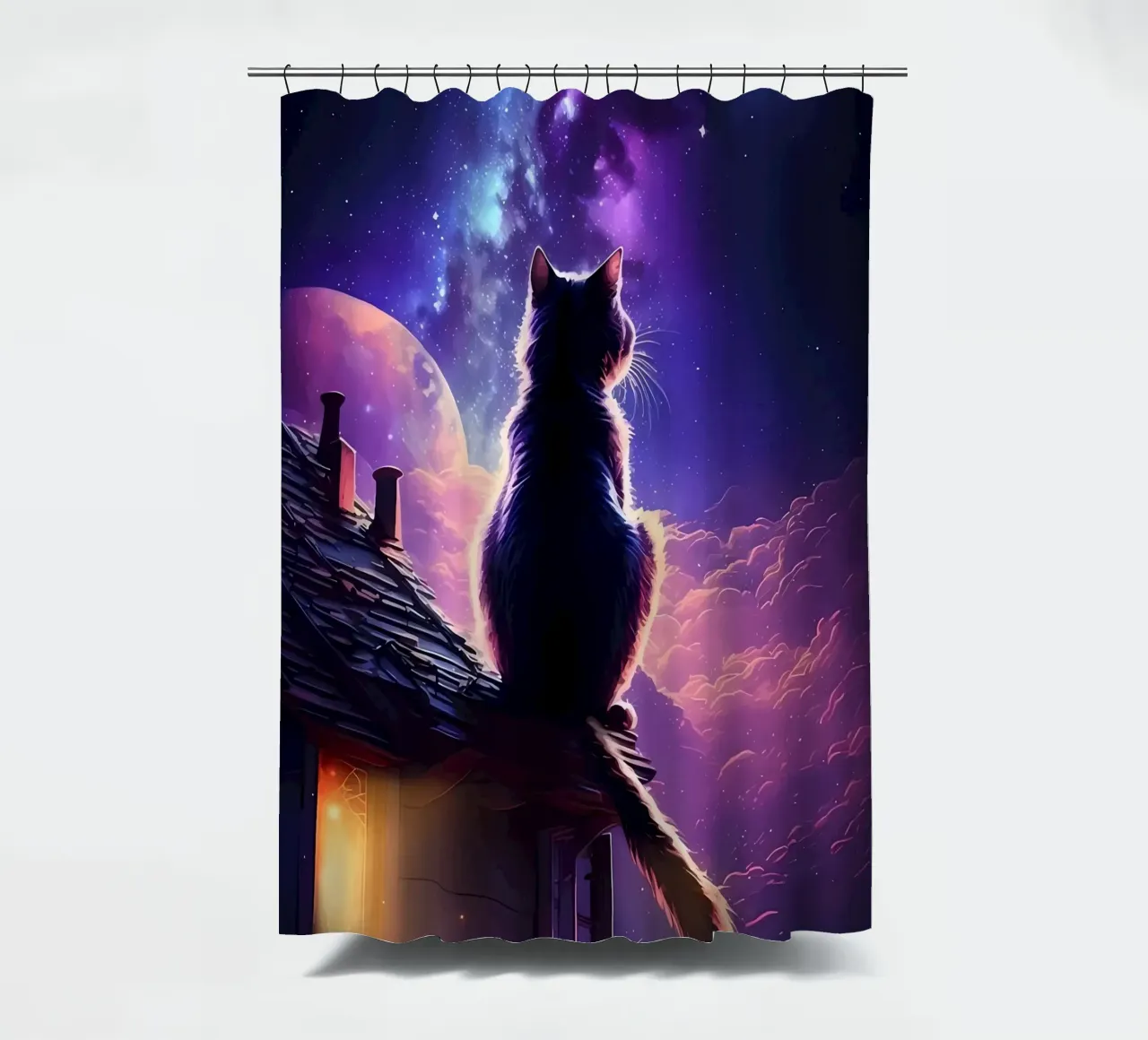 cat rooftop night sky moon stars shower curtain by Paul Vasquez