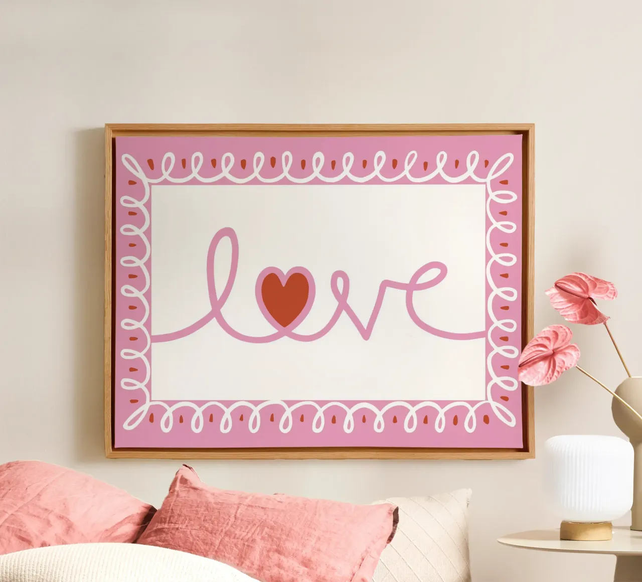 Love - hand drawn typography with decorative border canvas with Floater frame by Vivdesign