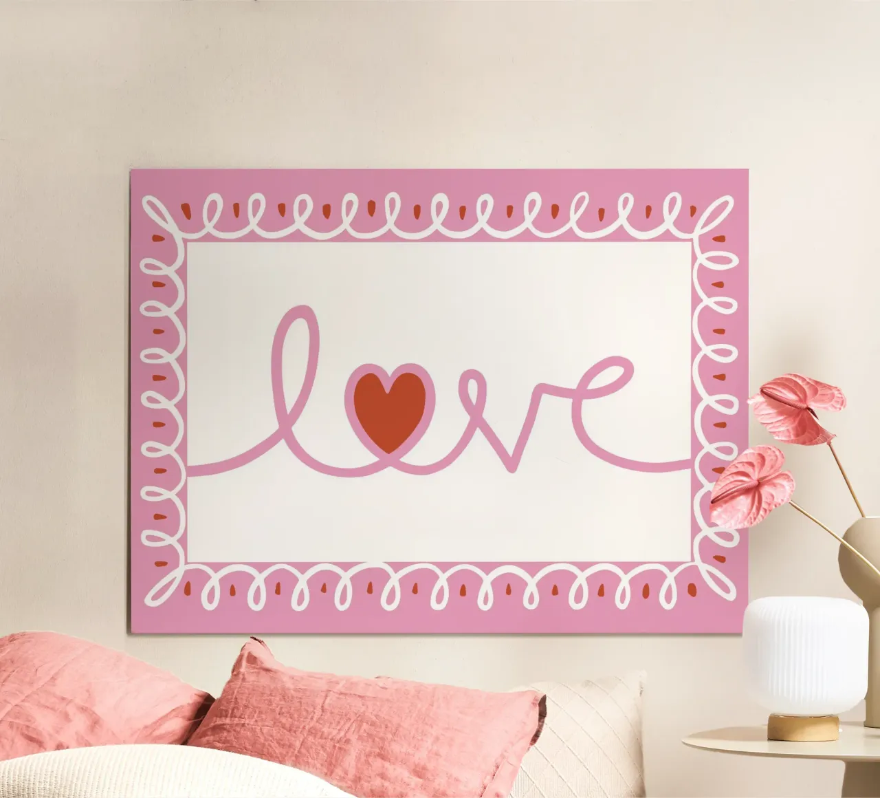 Love - hand drawn typography with decorative border poster con telaio in legno da Vivdesign
