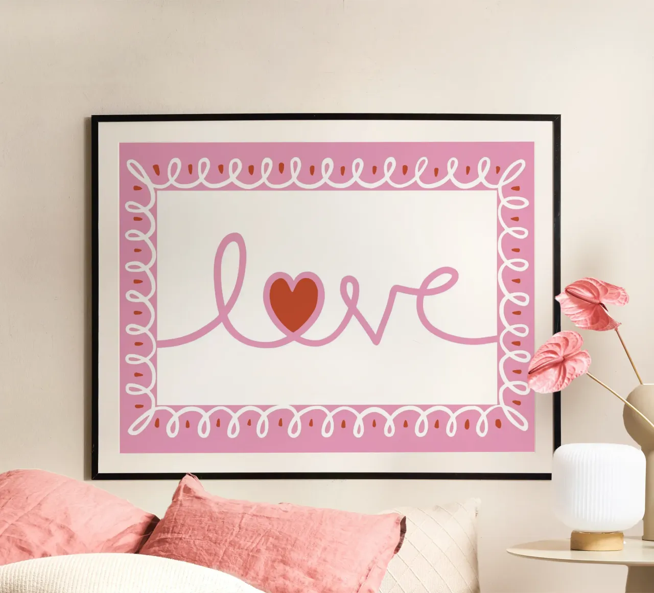 Love - hand drawn typography with decorative border poster con telaio in legno da Vivdesign