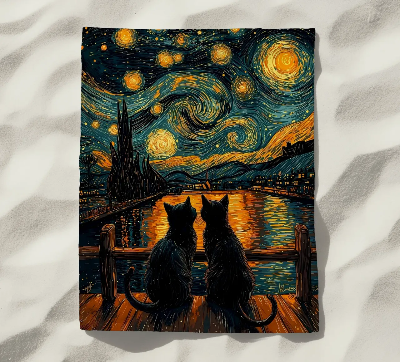 cats stars night sky bridge beach towel by MinimalistPosterCharles