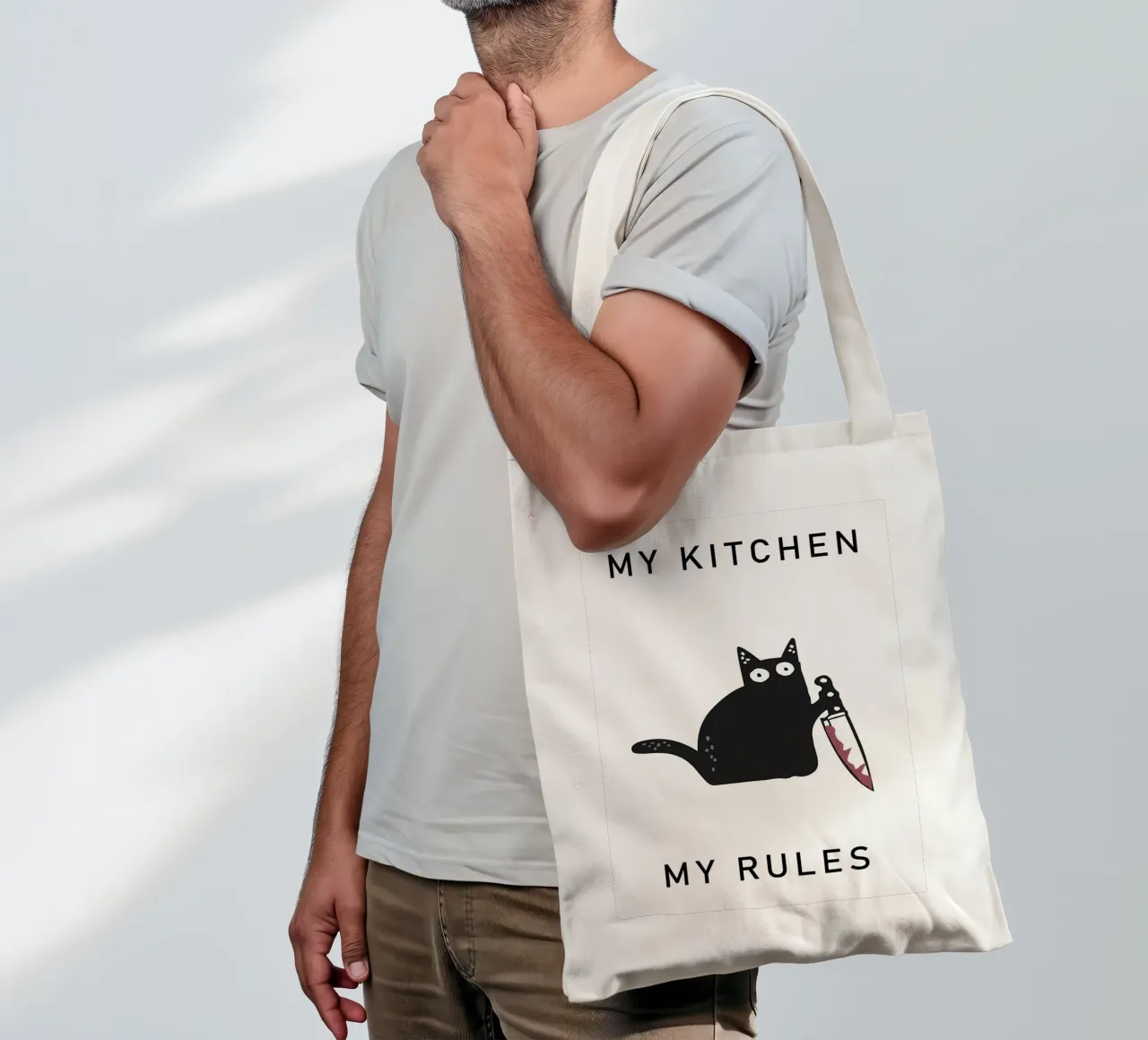 cat knife text humor black cat tote bag by MinimalistPosterCharles