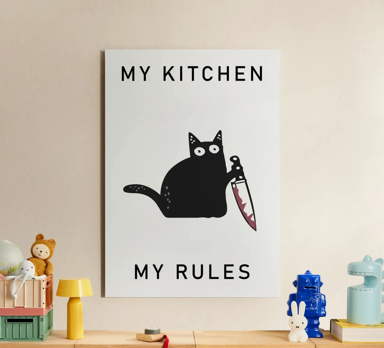 gatto coltello testo umorismo gatto nero alluminio dibond da MinimalistPosterCharles