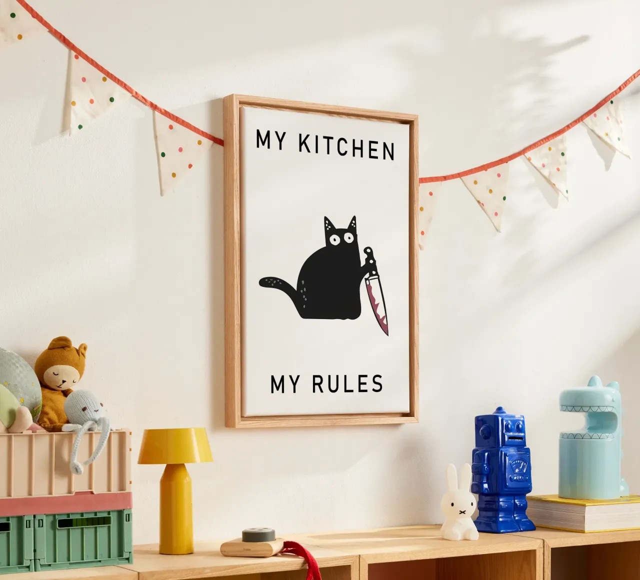 gatto coltello testo umorismo gatto nero tela con Cornice a cassetta da MinimalistPosterCharles