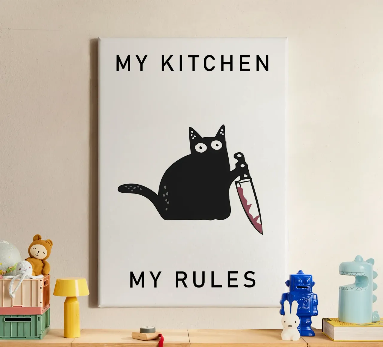 gatto coltello testo umorismo gatto nero tela con Cornice a cassetta da MinimalistPosterCharles
