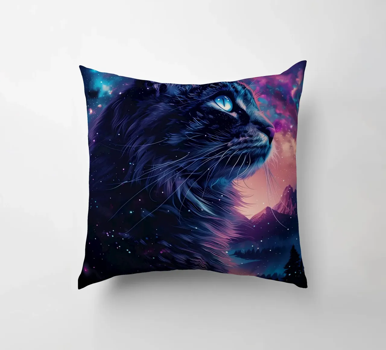 cat galaxy stars night sky decorative cushion by MinimalistPosterCharles