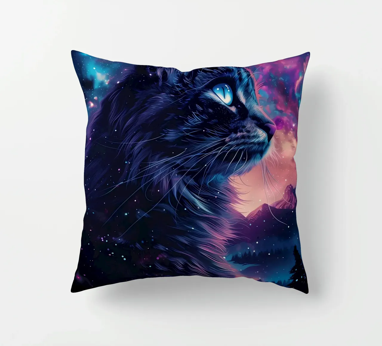 cat galaxy stars night sky decorative cushion by MinimalistPosterCharles