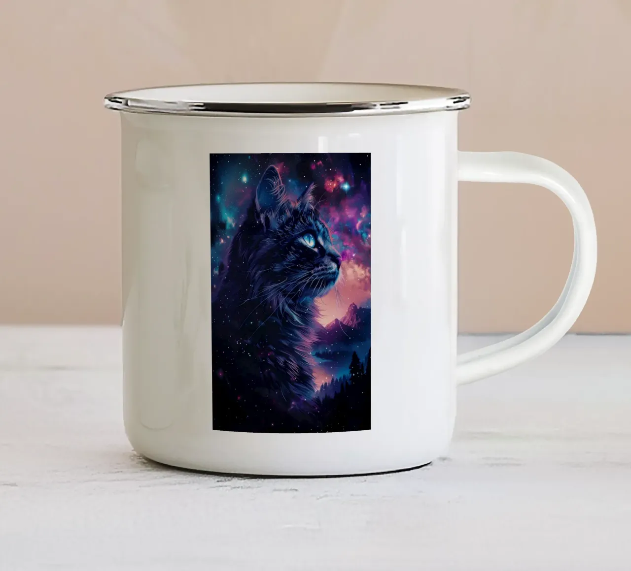 gatto galassia stelle cielo notturno tazza in smalto da MinimalistPosterCharles