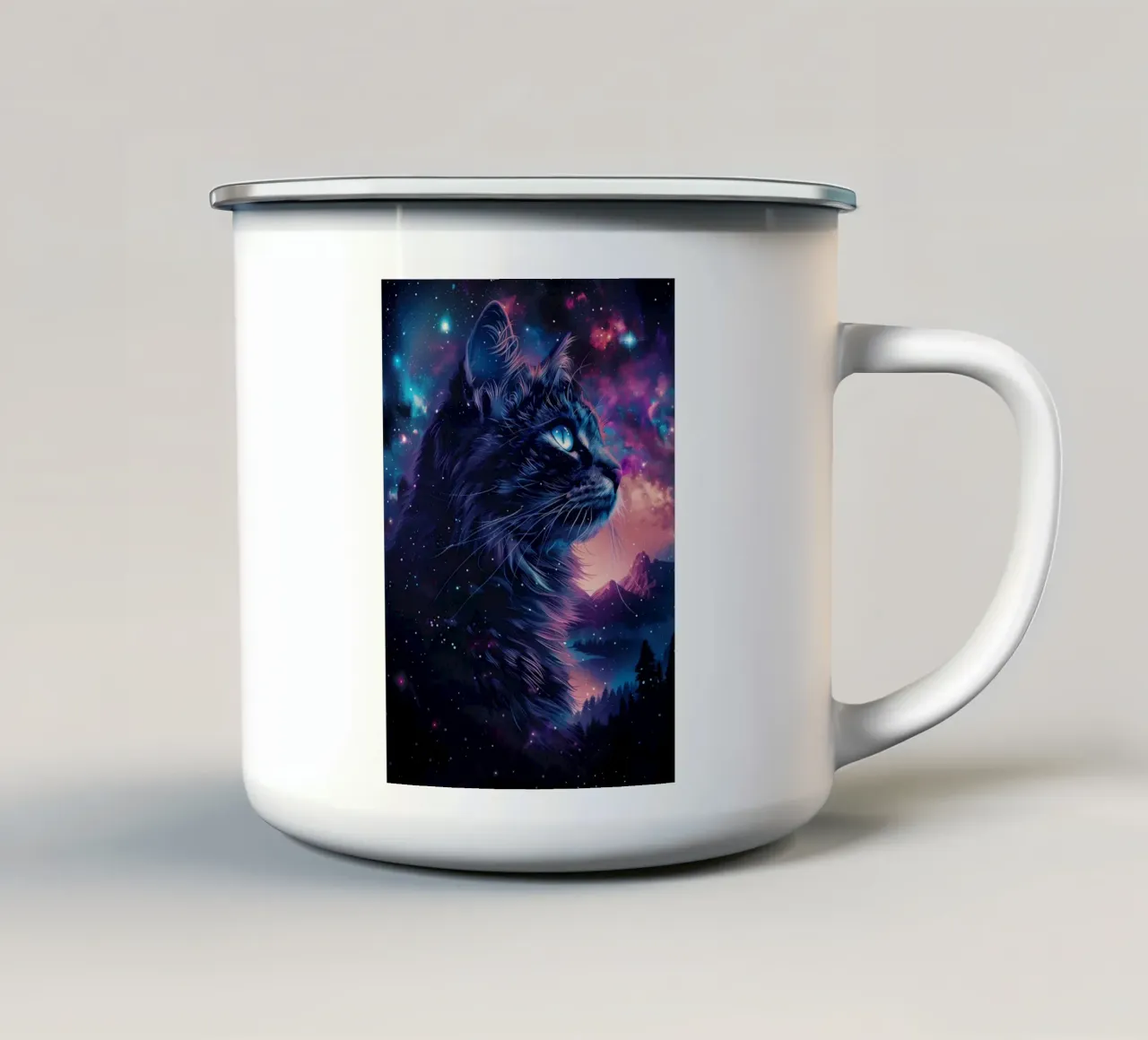 gatto galassia stelle cielo notturno tazza in smalto da MinimalistPosterCharles