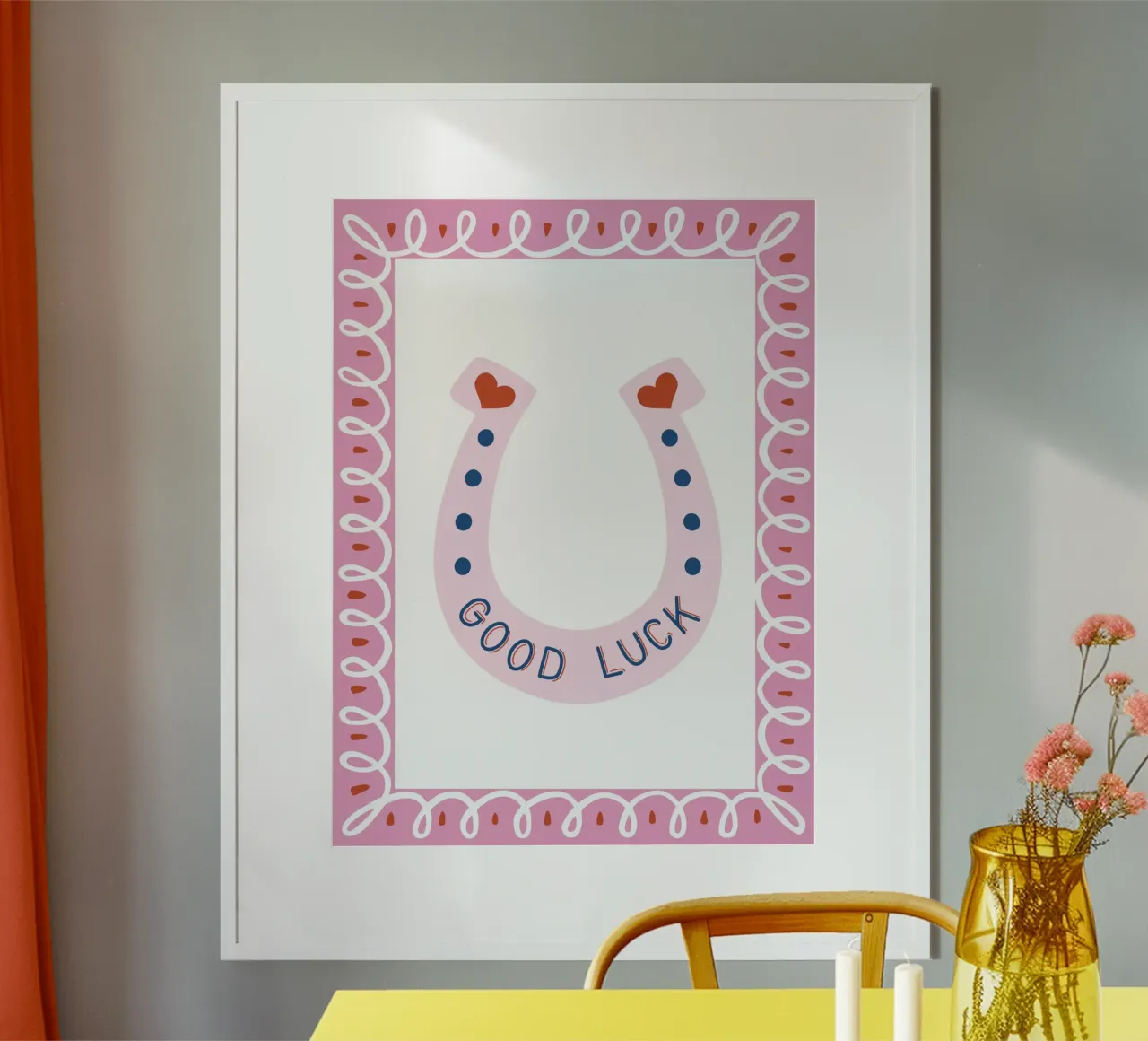 Pink and red good luck horseshoe poster con telaio in alluminio da Vivdesign