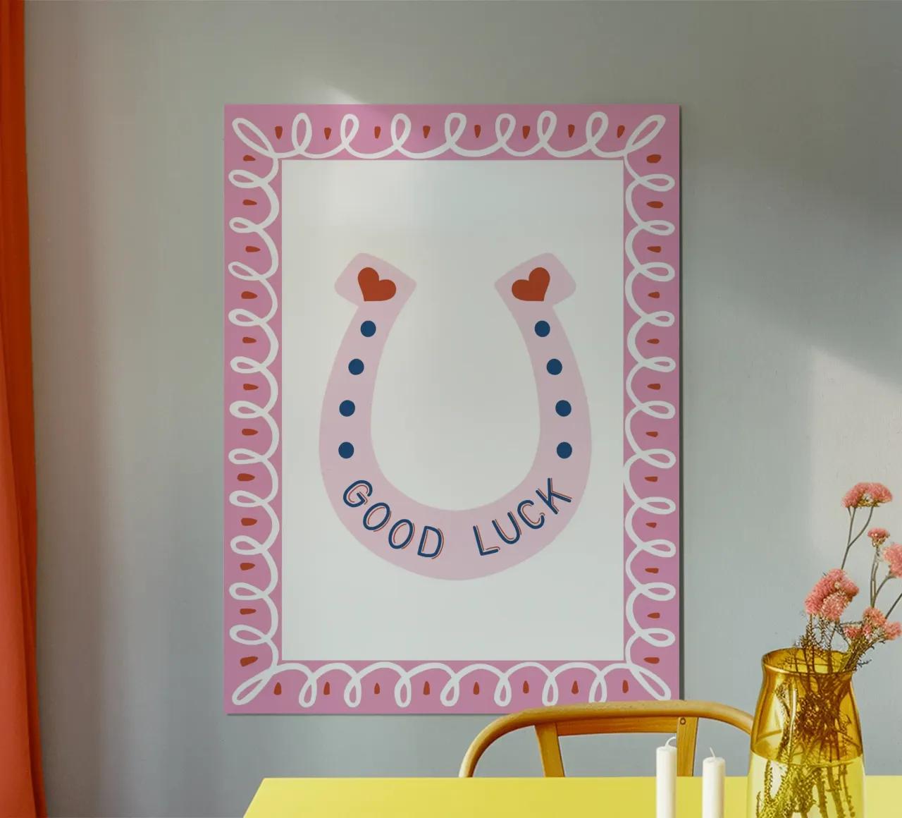 Pink and red good luck horseshoe poster con telaio in alluminio da Vivdesign