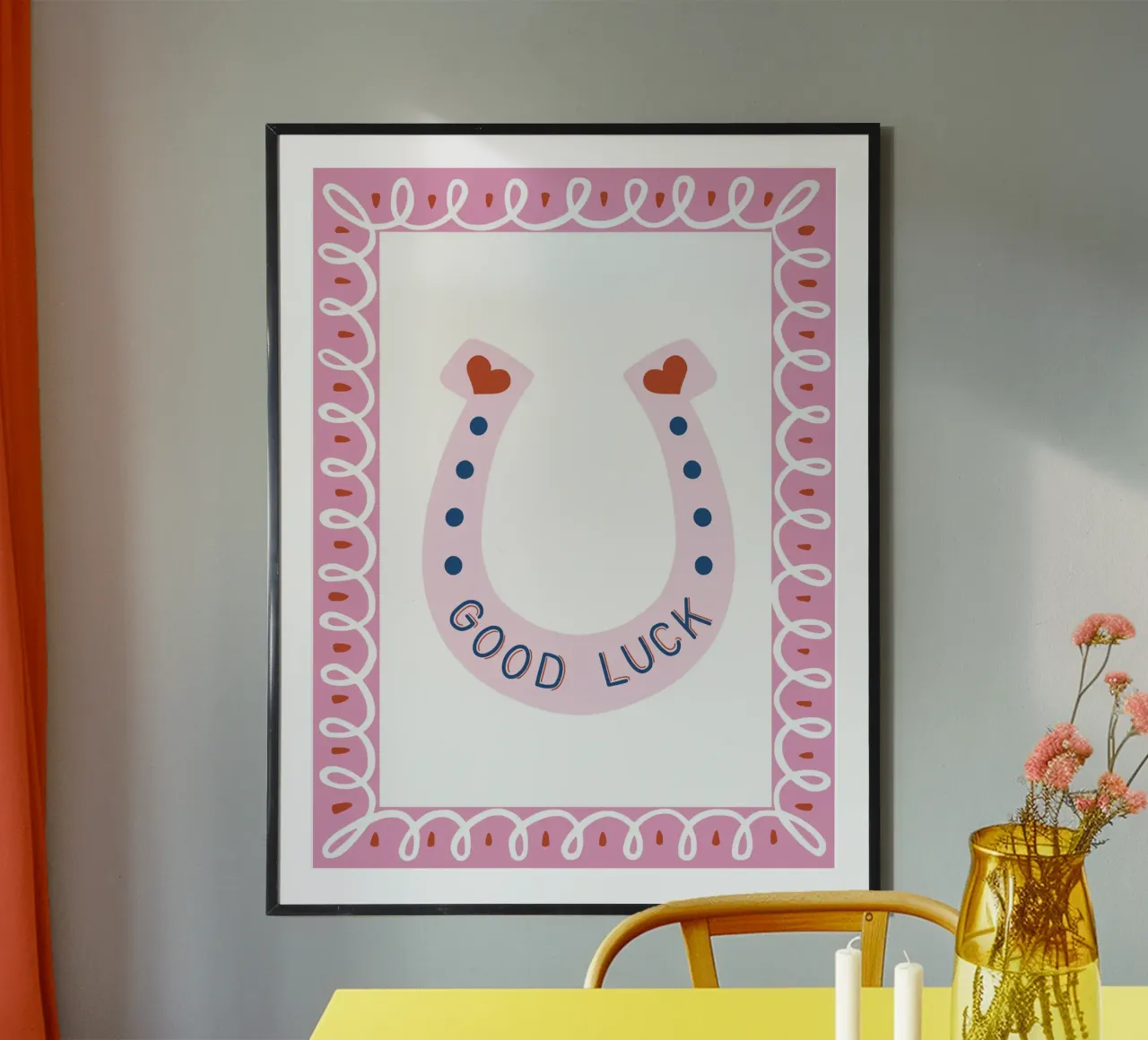 Pink and red good luck horseshoe poster con telaio in alluminio da Vivdesign