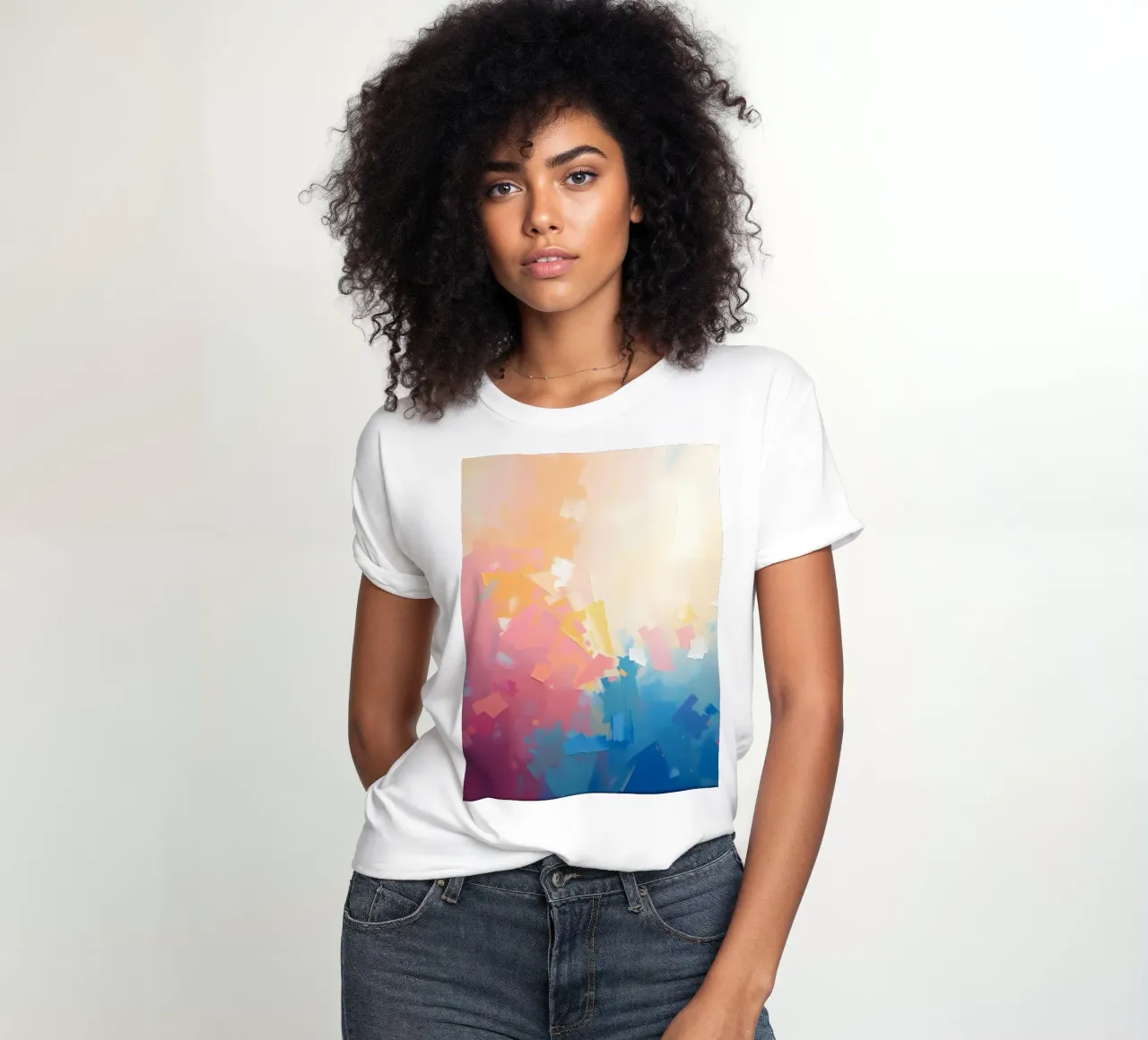 Kleurrijk abstract kunstwerk met zachte tinten die in elkaar overlopen dames t-shirt getailleerd van DesignDoodle