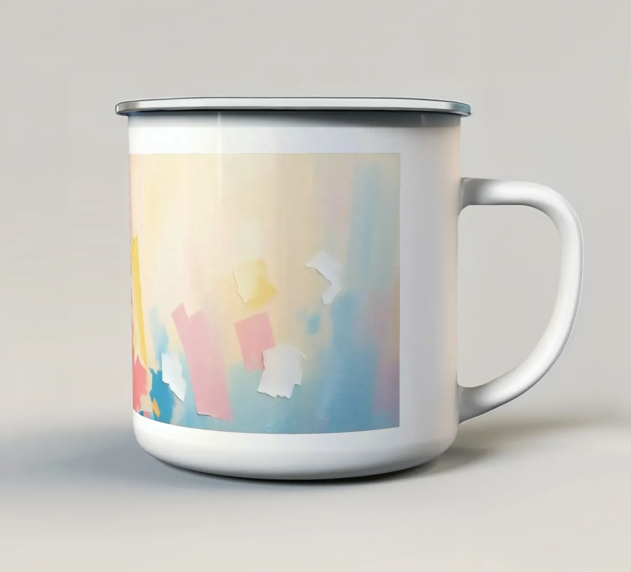 Kleurrijk abstract kunstwerk met zachte tinten die in elkaar overvloeien emaille mok van DesignDoodle