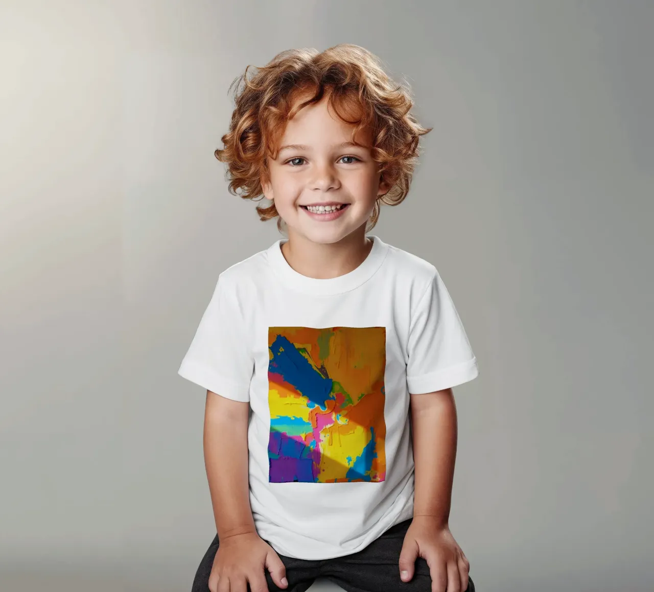 Kühnes abstraktes Gemälde mit leuchtenden Farben in einem dynamischen Kinder T-Shirt von DesignDoodle