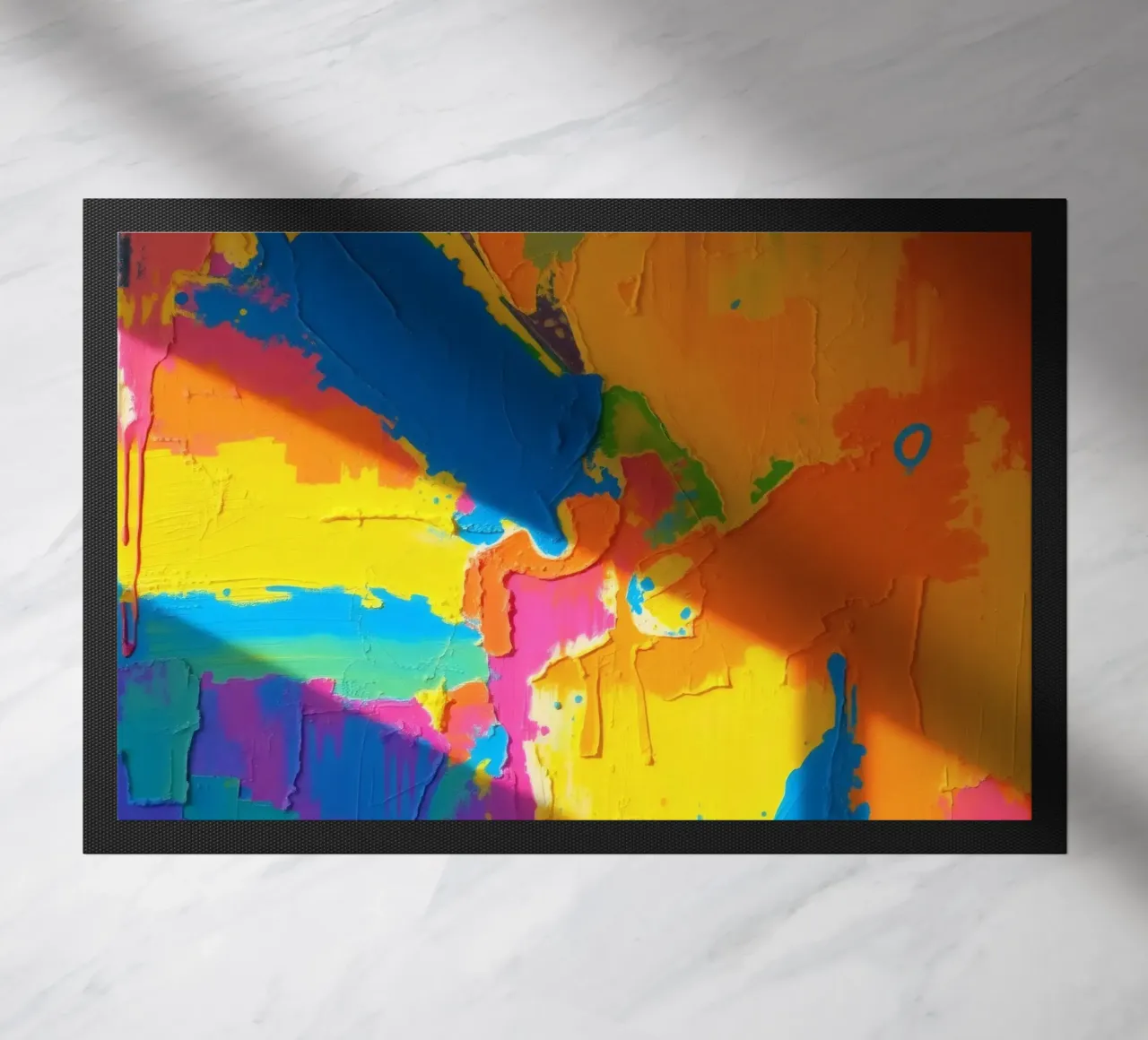 Un audace dipinto astratto con colori vivaci in un'atmosfera dinamica. zerbino da DesignDoodle