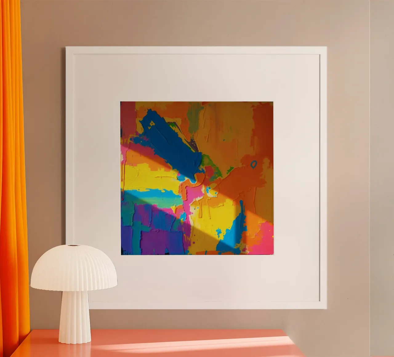 Peinture abstraite audacieuse présentant des couleurs vibrantes dans un environnement dynamique. poster de DesignDoodle