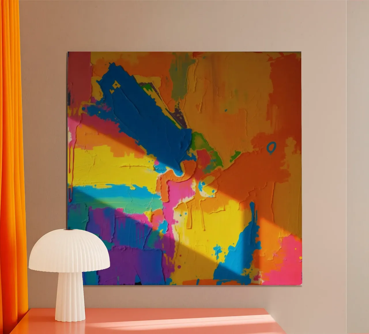 Peinture abstraite audacieuse présentant des couleurs vibrantes dans un environnement dynamique. poster de DesignDoodle