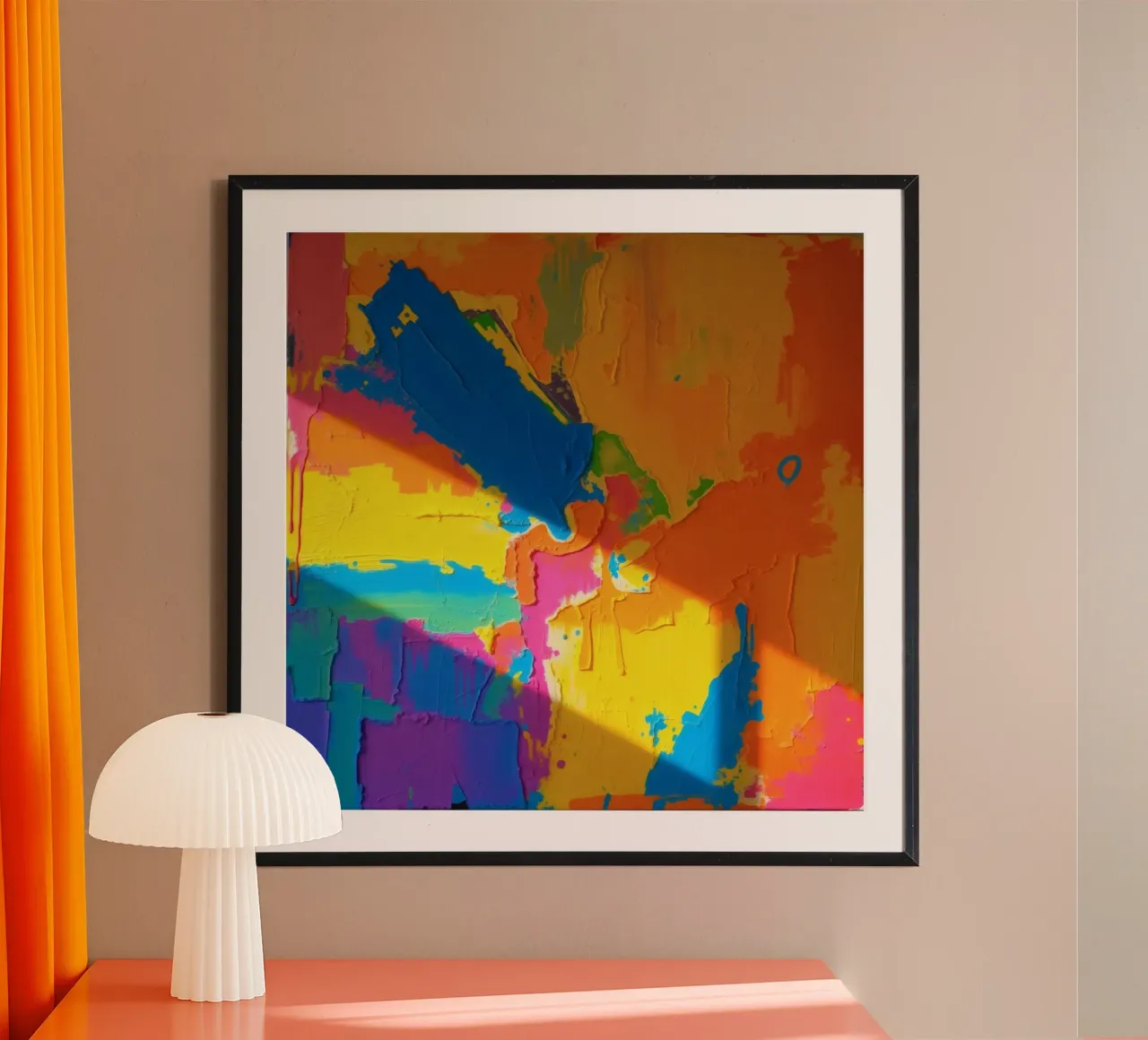 Peinture abstraite audacieuse présentant des couleurs vibrantes dans un environnement dynamique. poster de DesignDoodle