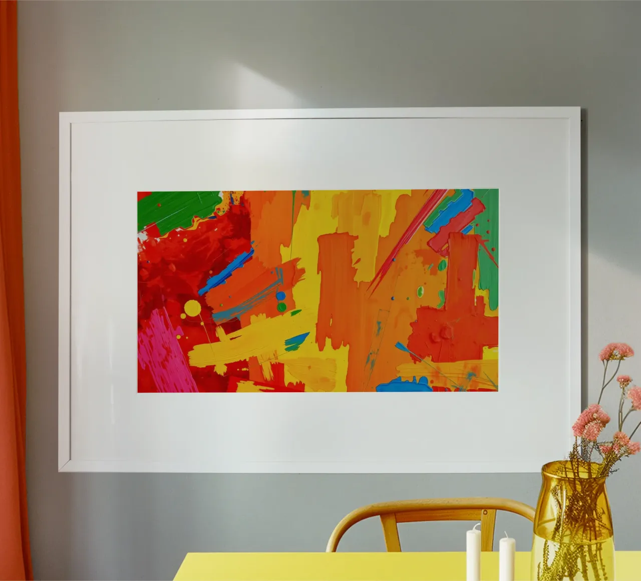 Peinture abstraite colorée avec des traits audacieux et des teintes vibrantes poster avec cadre en plastique de DesignDoodle