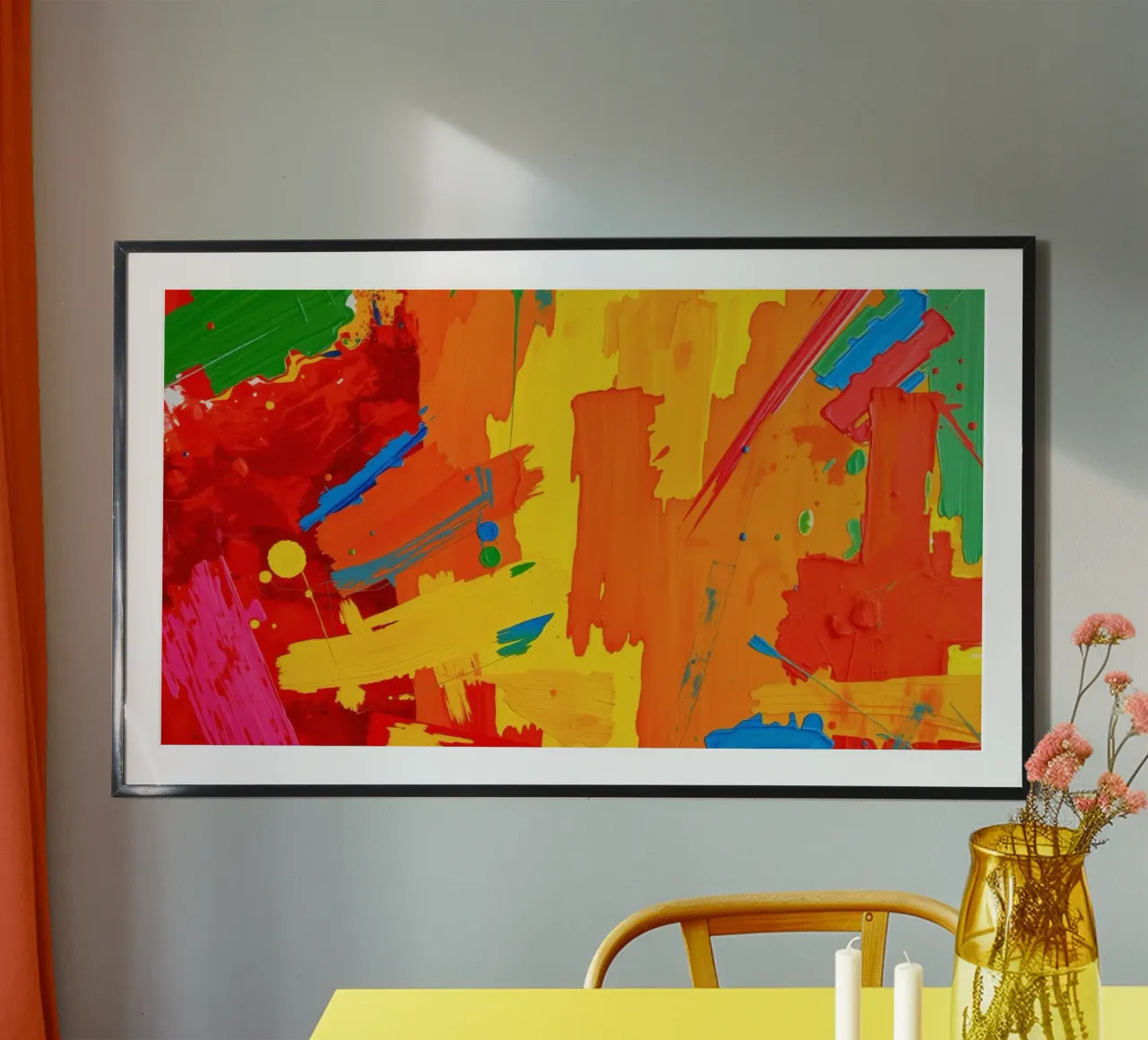Peinture abstraite colorée avec des traits audacieux et des teintes vibrantes poster avec cadre en plastique de DesignDoodle