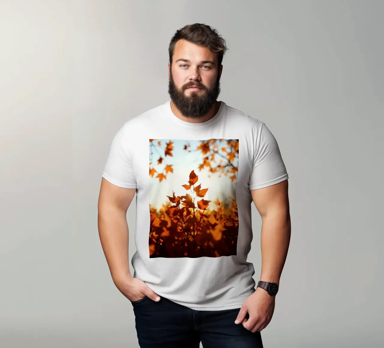 Foglie d'autunno illuminate dalla luce del sole in un ambiente tranquillo. t-shirt da DesignDoodle