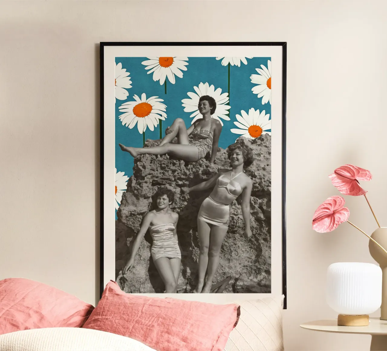 Ragazze del sole vintage - Collage floreale retrò poster con telaio in alluminio da luciette plastique