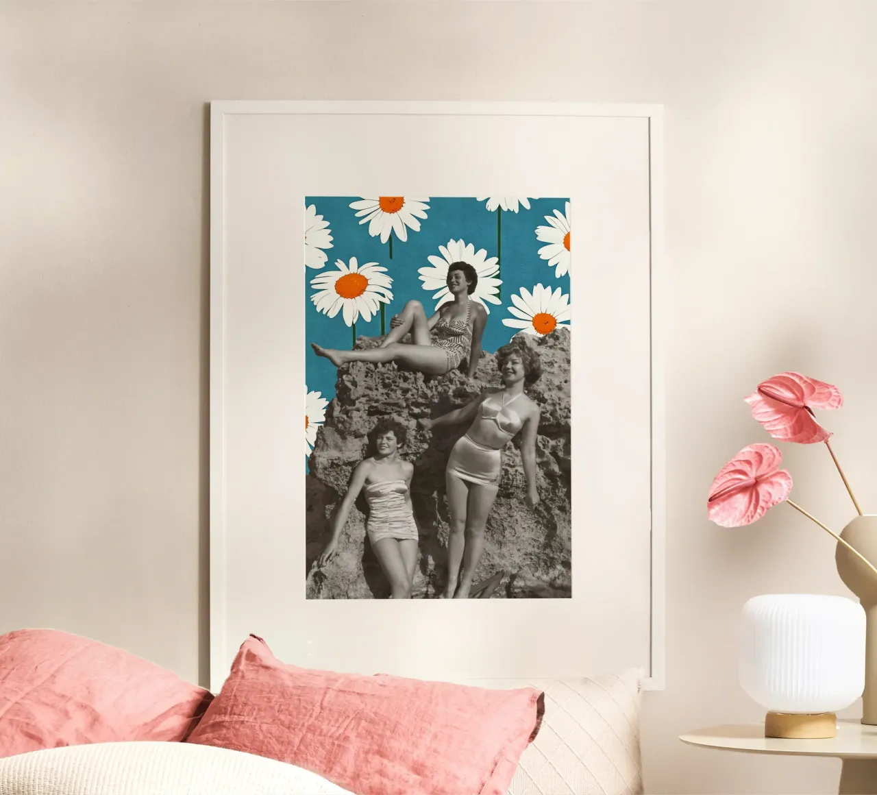 Ragazze del sole vintage - Collage floreale retrò poster con telaio in alluminio da luciette plastique