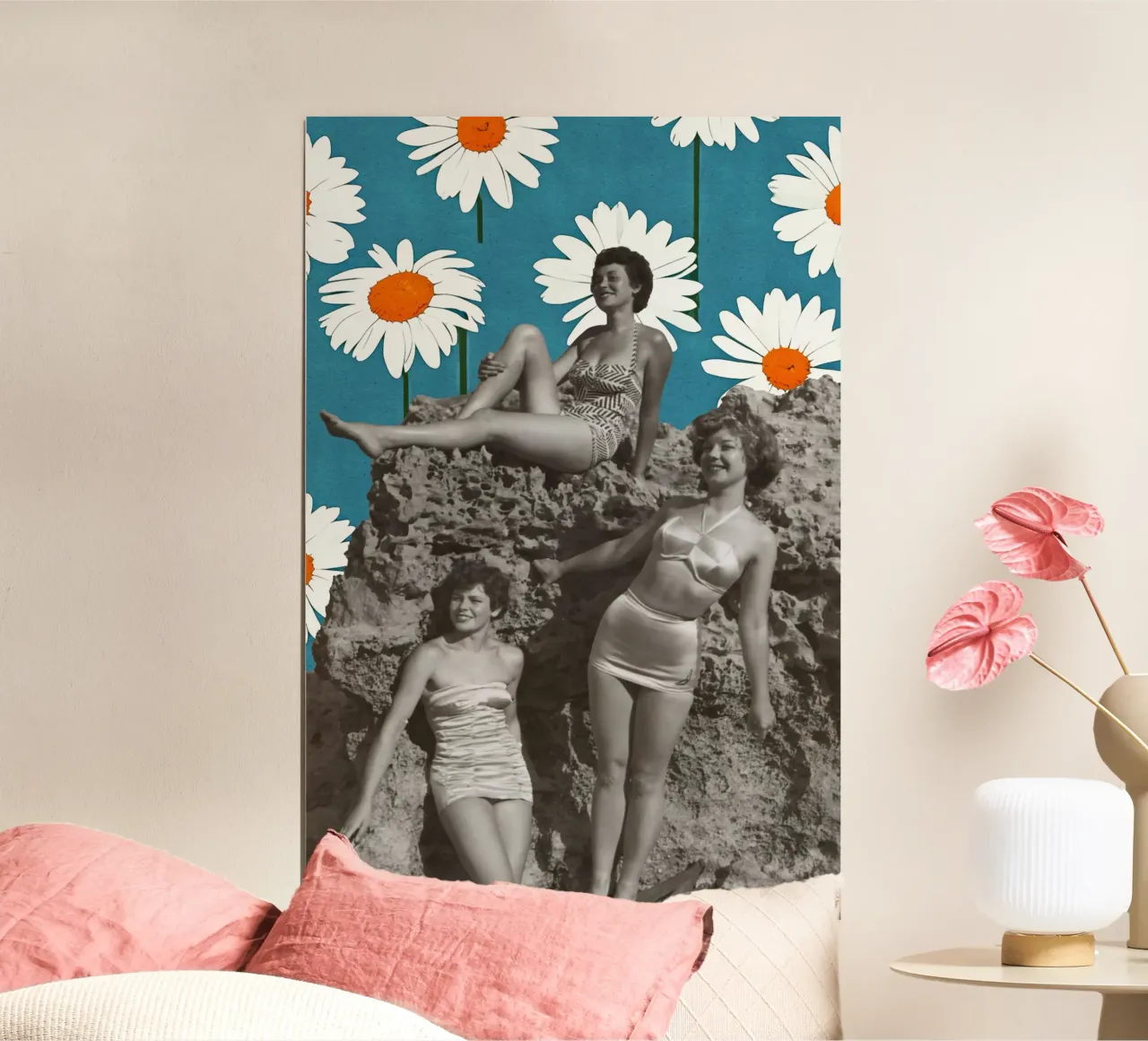 Ragazze del sole vintage - Collage floreale retrò poster con telaio in alluminio da luciette plastique
