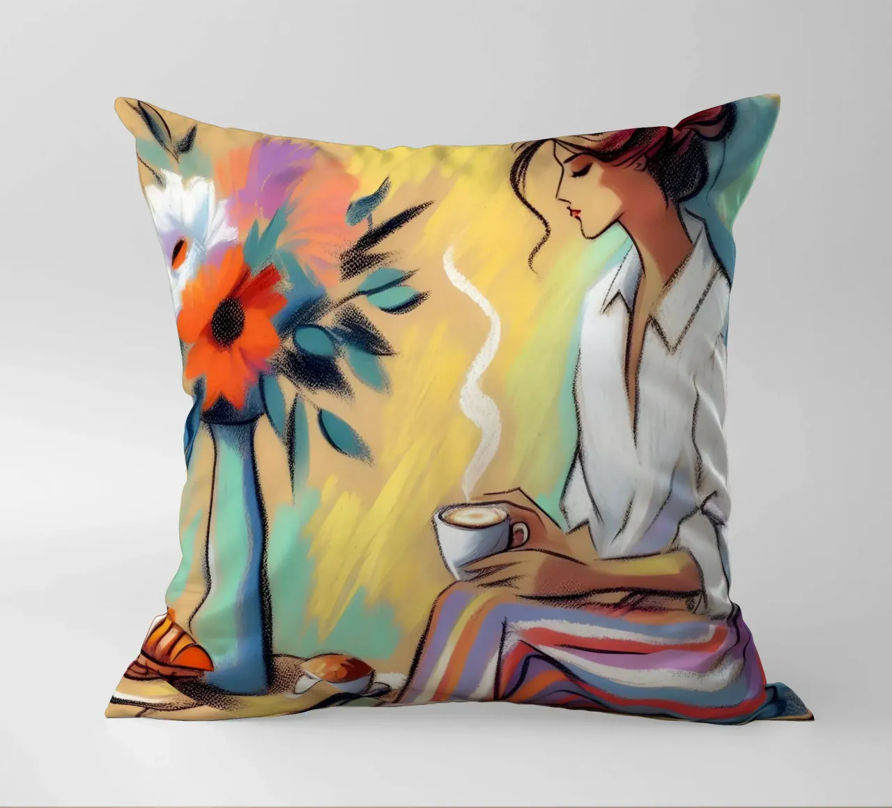 Ritratto di donna calma che fa colazione cuscino da ARTOMATIC