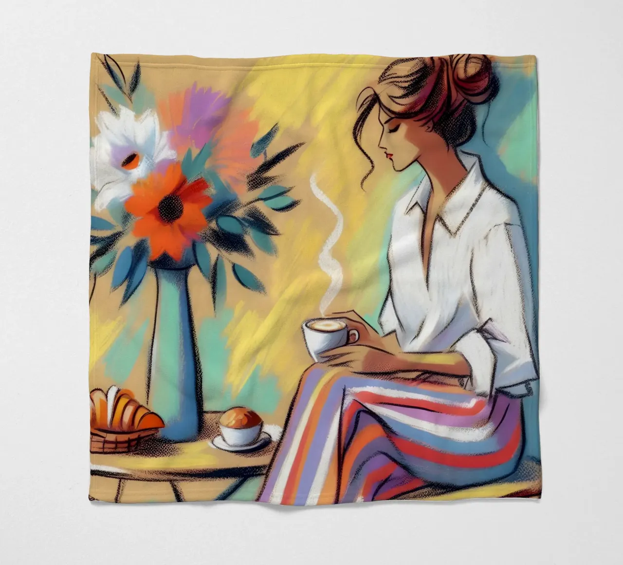 Ritratto di donna calma che fa colazione coperta in pile da ARTOMATIC