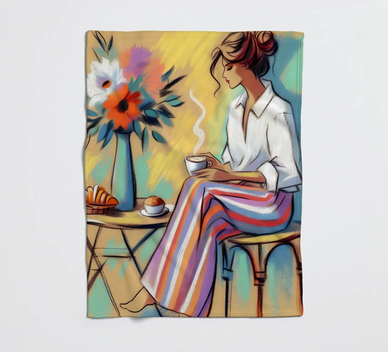 Ritratto di donna calma che fa colazione coperta in pile da ARTOMATIC