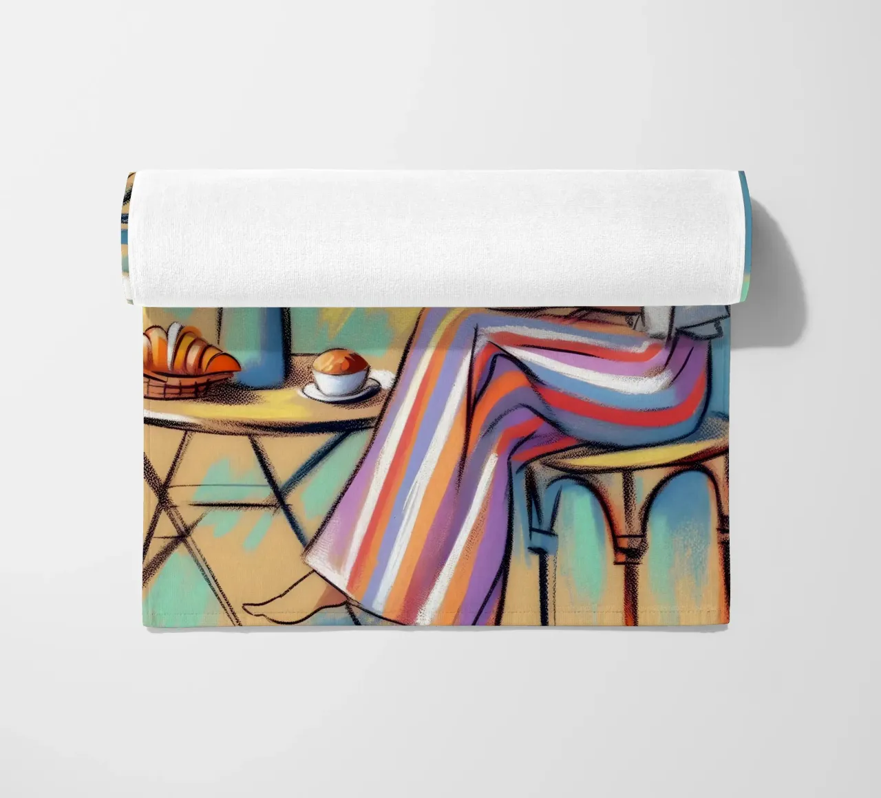 Ritratto di donna calma che fa colazione telo mare da ARTOMATIC