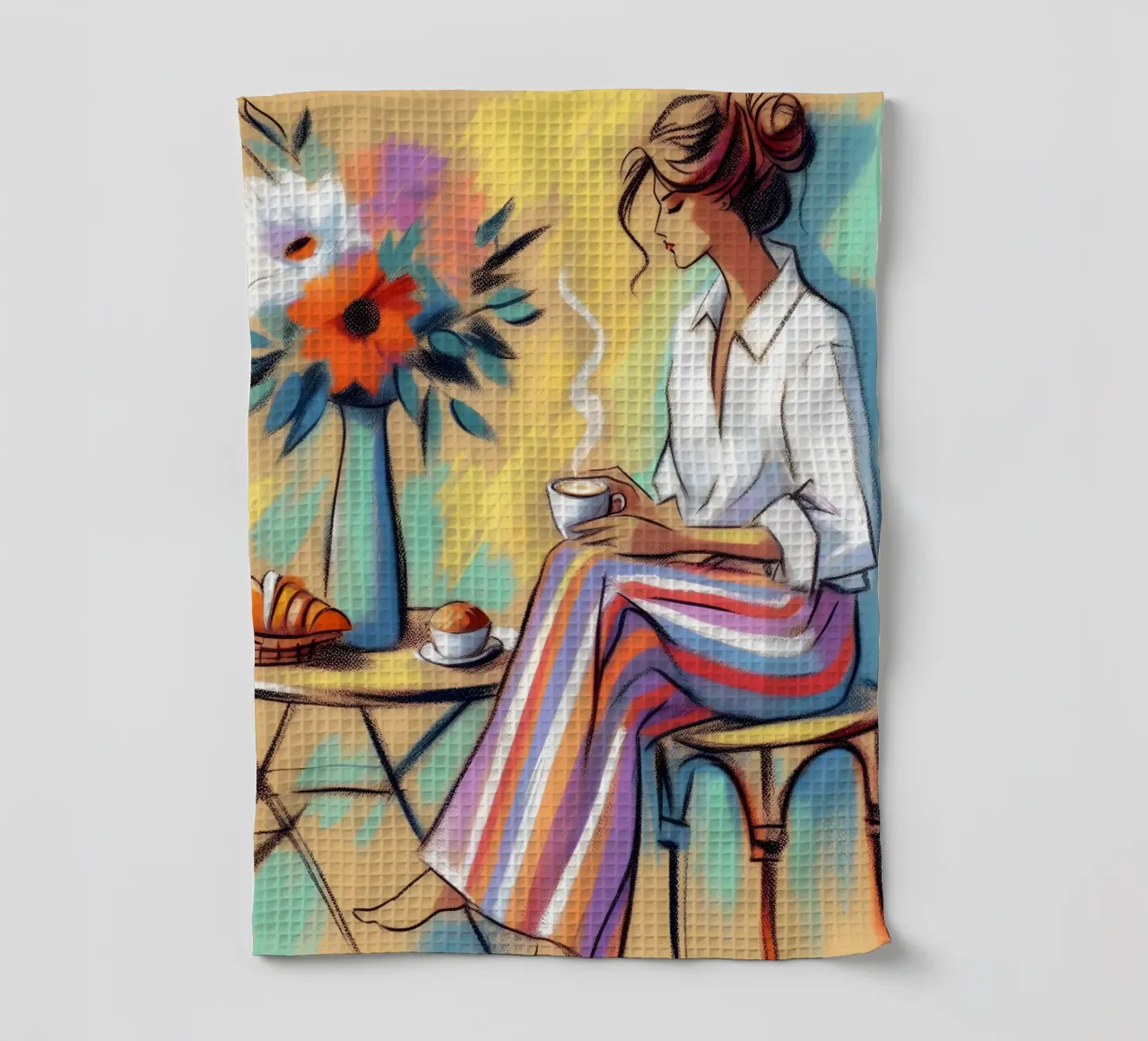 Ritratto di donna calma che fa colazione canovaccio da cucina da ARTOMATIC