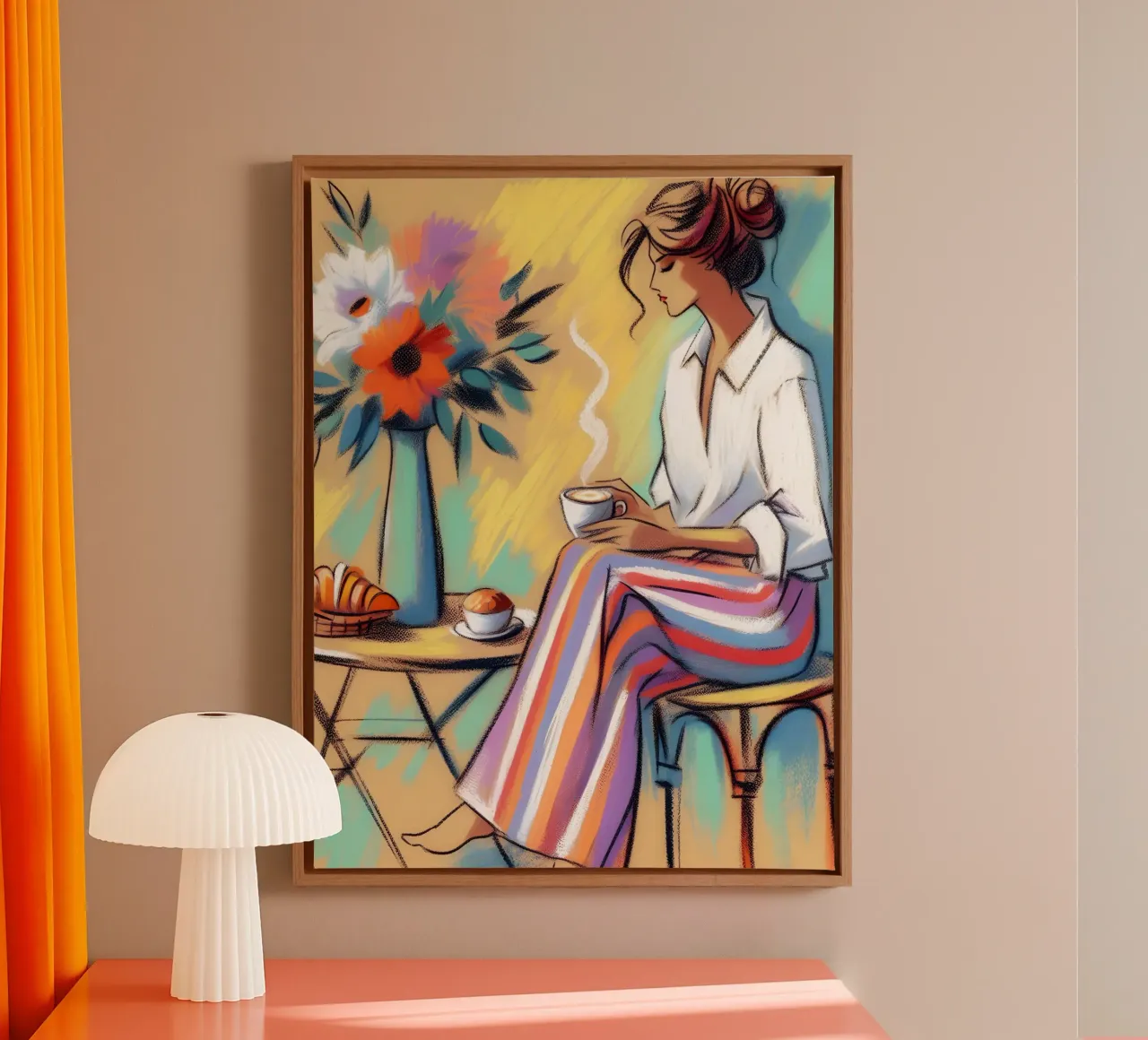 Ritratto di donna calma che fa colazione tela con Cornice a cassetta da ARTOMATIC