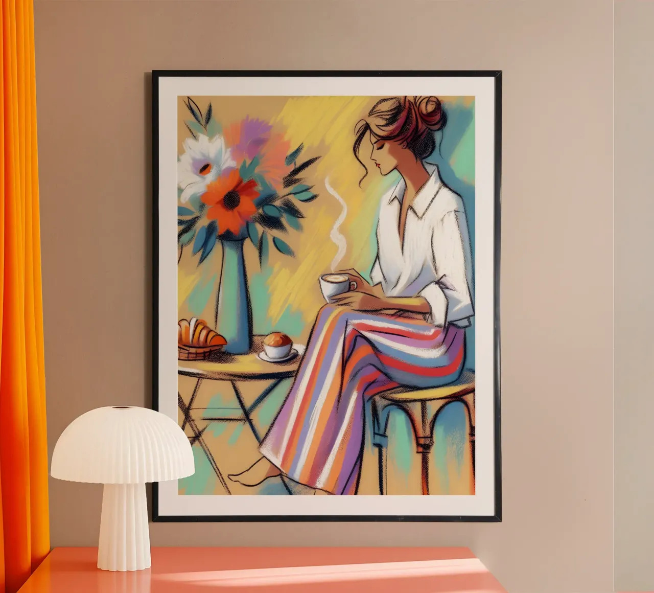 Ritratto di donna calma che fa colazione poster con telaio in alluminio da ARTOMATIC