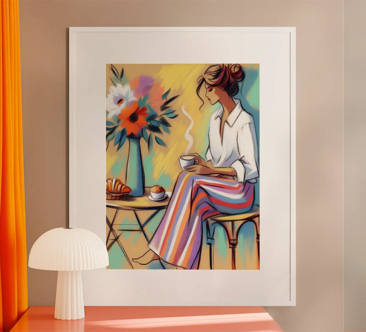 Ritratto di donna calma che fa colazione poster con telaio in alluminio da ARTOMATIC