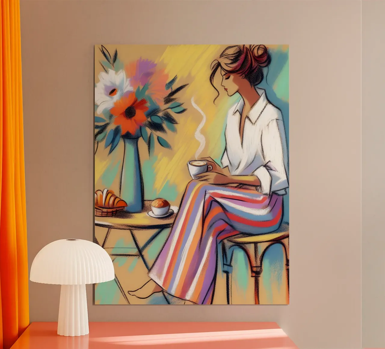 Ritratto di donna calma che fa colazione poster con telaio in alluminio da ARTOMATIC
