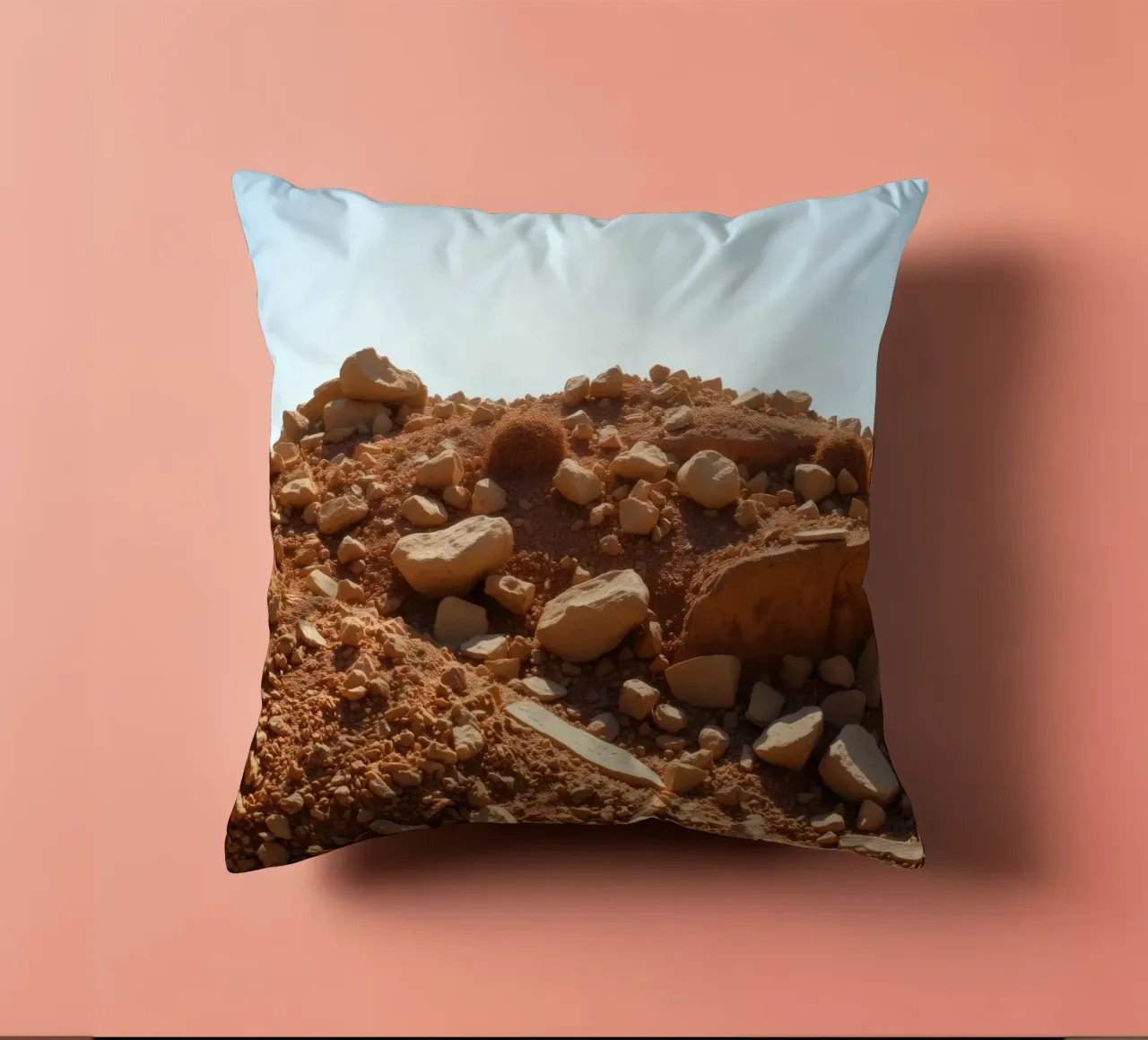 Paesaggio desertico con terreno roccioso sotto un cielo terso cuscino da DesignDoodle