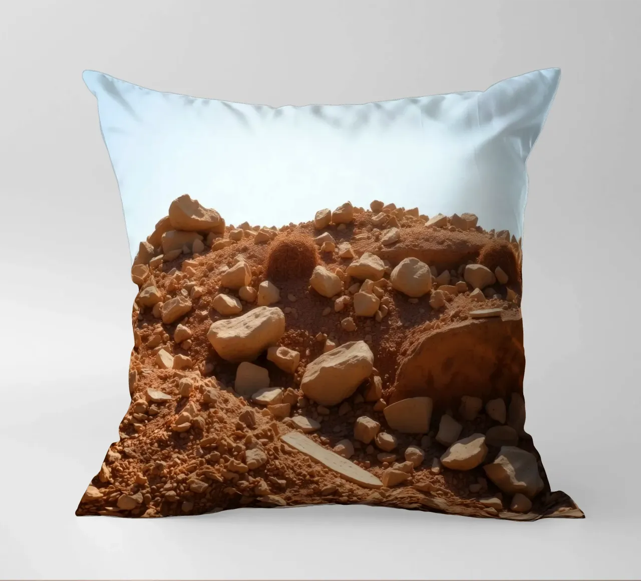 Paesaggio desertico con terreno roccioso sotto un cielo terso cuscino da DesignDoodle