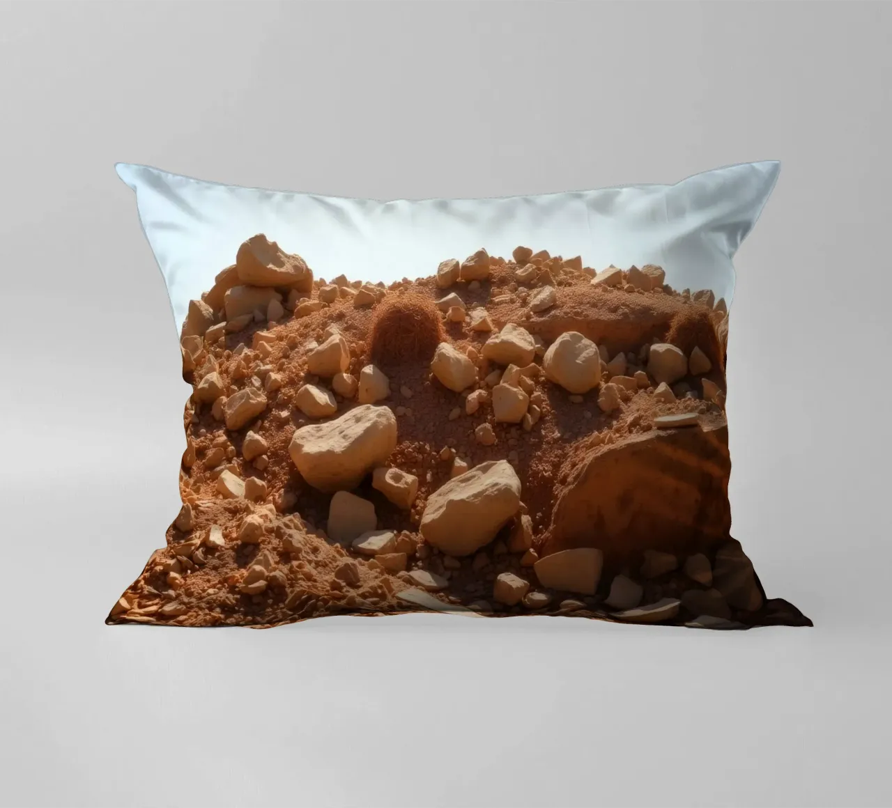 Paesaggio desertico con terreno roccioso sotto un cielo terso cuscino da DesignDoodle