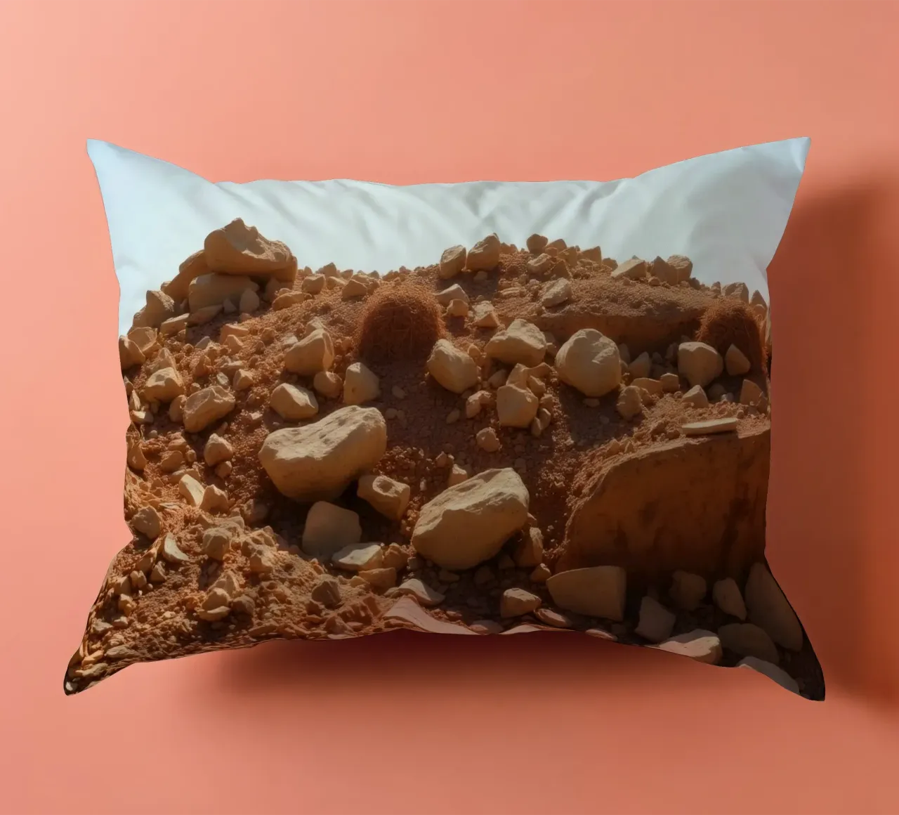 Paesaggio desertico con terreno roccioso sotto un cielo terso cuscino da DesignDoodle