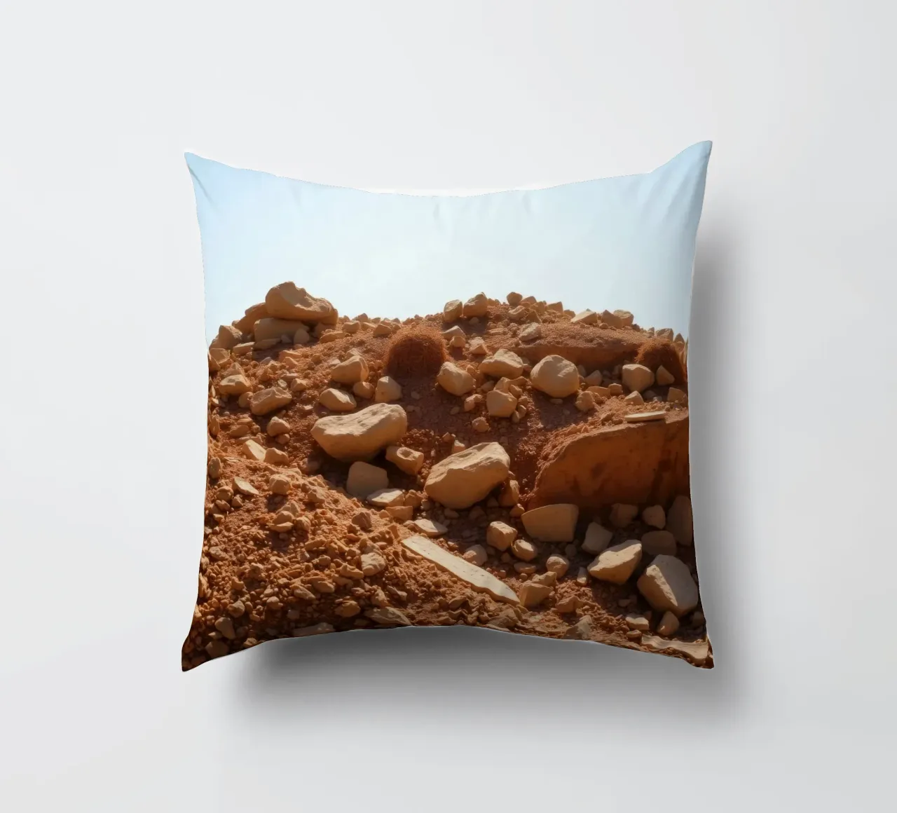 Paesaggio desertico con terreno roccioso sotto un cielo terso cuscino da DesignDoodle